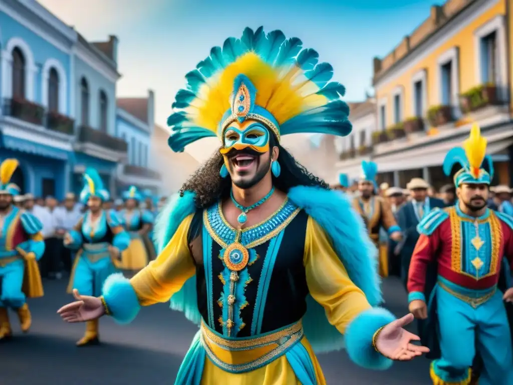 Carnaval en Uruguay: danza colorida y alegría Un vibrante desfile de Carnaval en Uruguay, con trajes detallados y energía festiva