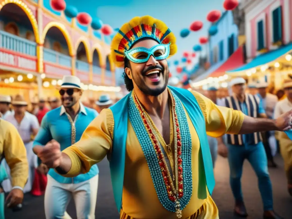 Deslumbrante pintura acuarela de un desfile de carnaval en Uruguay Vibrante desfile de carnaval en Uruguay, con trajes coloridos y símbolos culturales