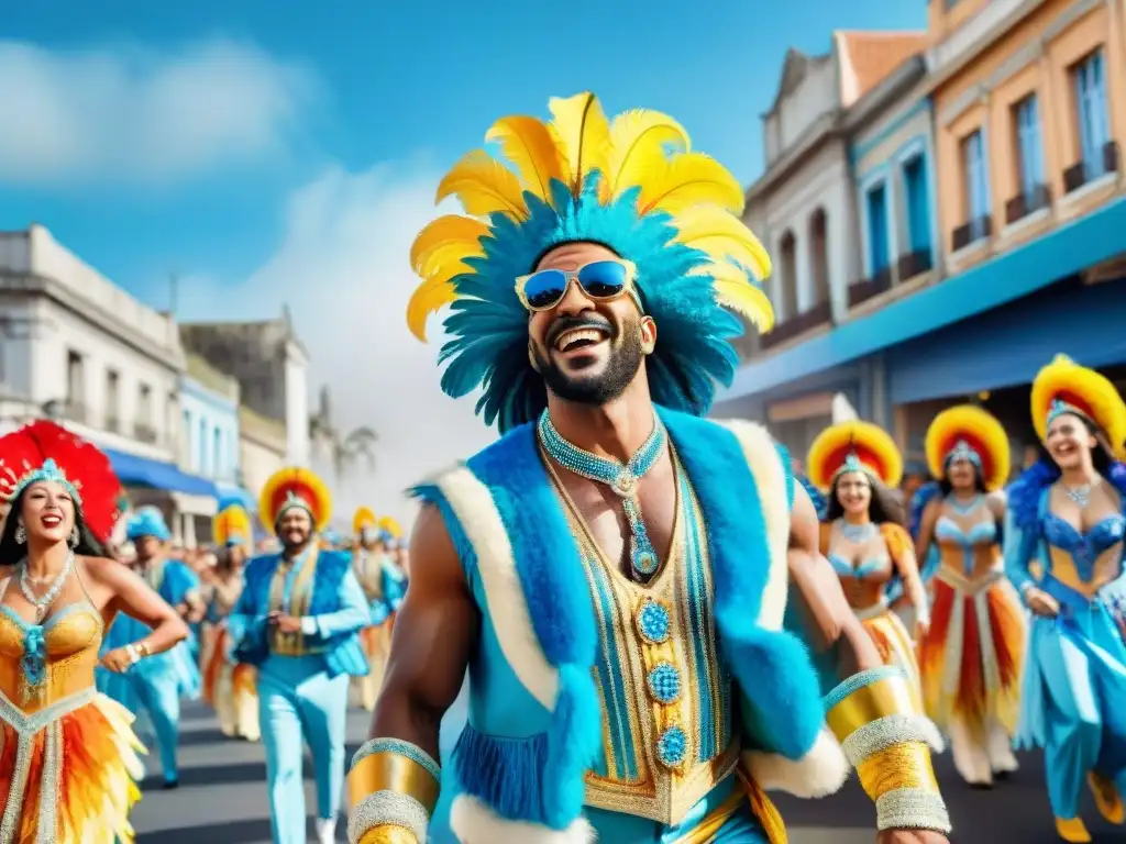 Desfile colorido de carnaval en Uruguay Un vibrante desfile de carnaval en Uruguay con trajes elaborados, carrozas coloridas y bailarines alegres al ritmo de la música