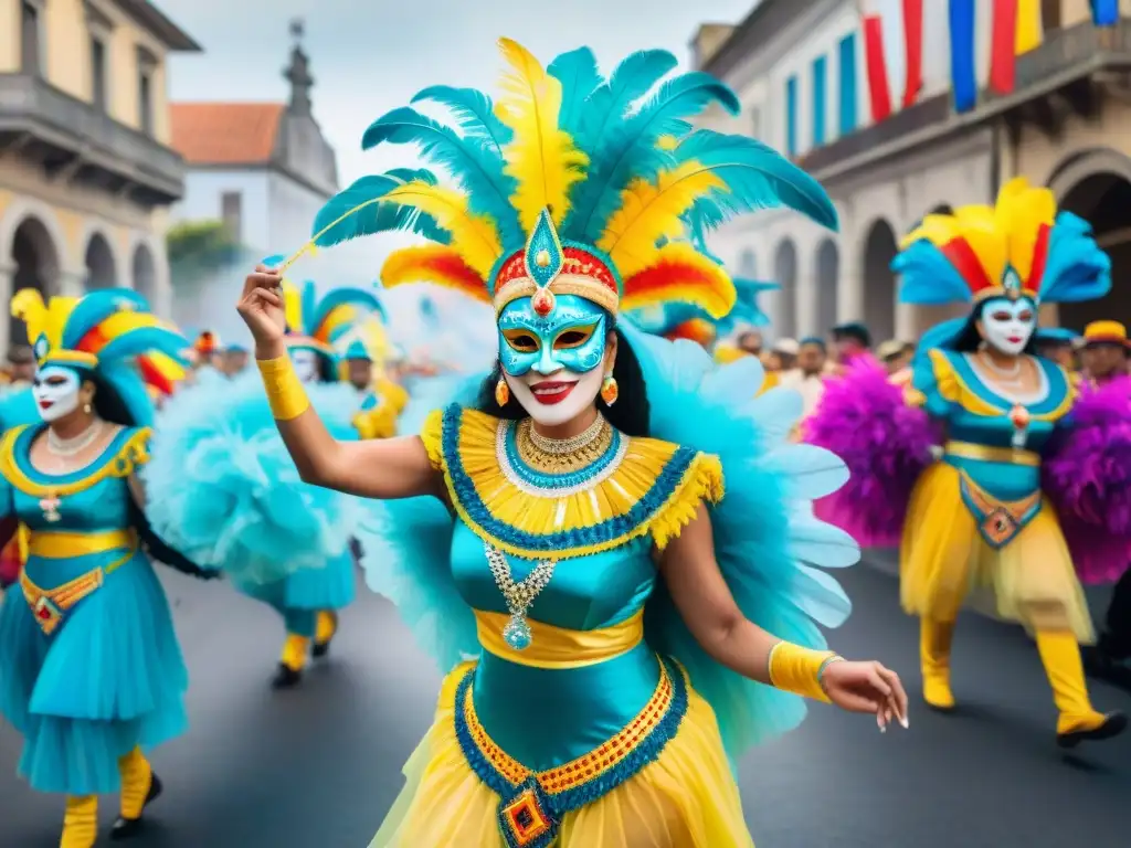 Carnaval en Uruguay: explosión de color y alegría Un vibrante desfile de Carnaval en Uruguay, con trajes coloridos y bailarines energéticos, frente a edificios coloniales decorados