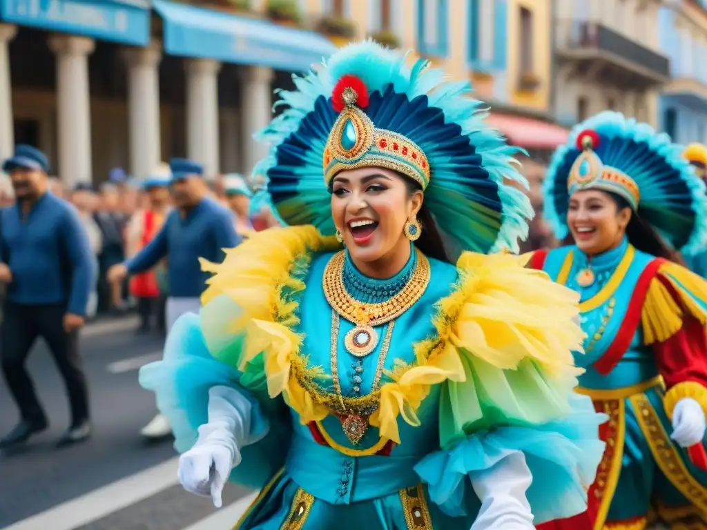 Vibrante desfile de Carnaval en Uruguay con trajes coloridos, música alegre y bailarines, reflejando la riqueza cultural