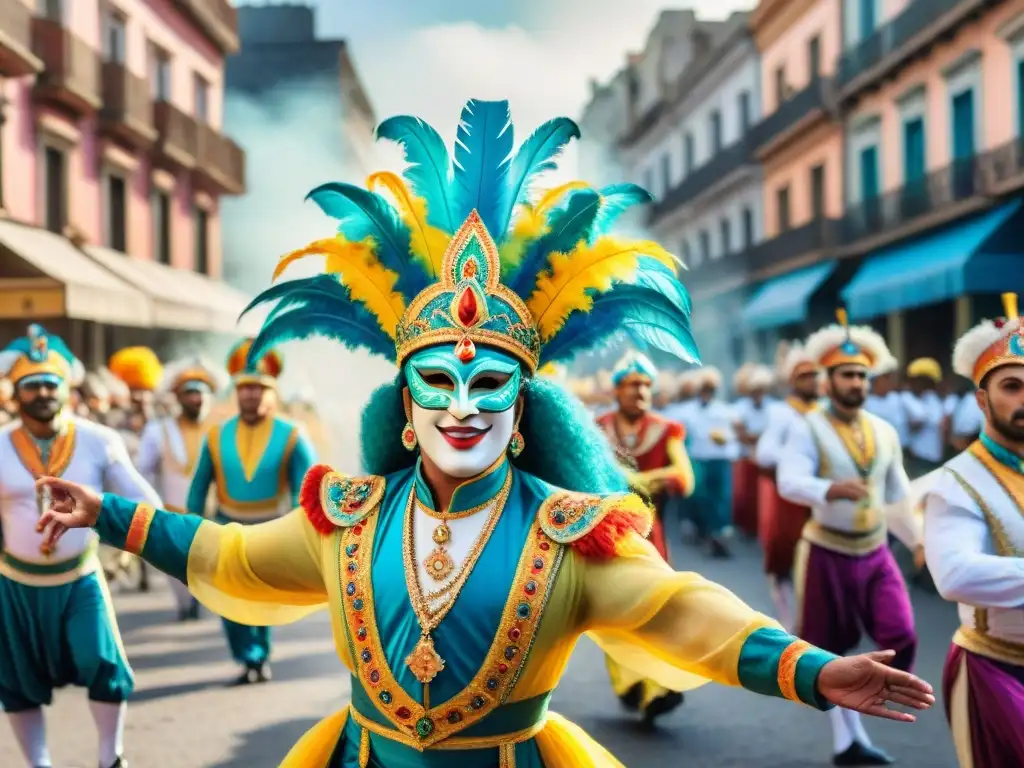 Carnaval en Uruguay: Vibrante desfile de colores y alegría Vibrante desfile de Carnaval en Uruguay, con trajes coloridos, máscaras e baile, reflejando cambios políticos y sociales