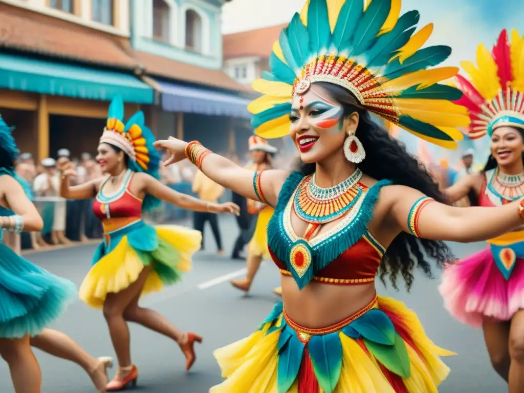 Danza festiva de personas en trajes tradicionales en carnaval Vibrante desfile de Carnaval con trajes indígenas, uniendo culturas en celebración