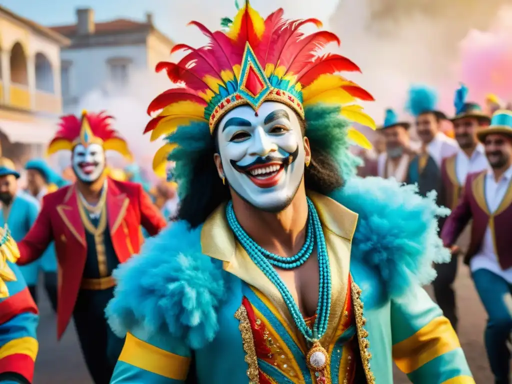 Deslumbrante Carnaval en Uruguay: ¡color, alegría y música! Vibrante desfile de Carnaval en Uruguay con trajes coloridos y música tradicional, ¡cuidado vocal Carnaval Uruguayo!