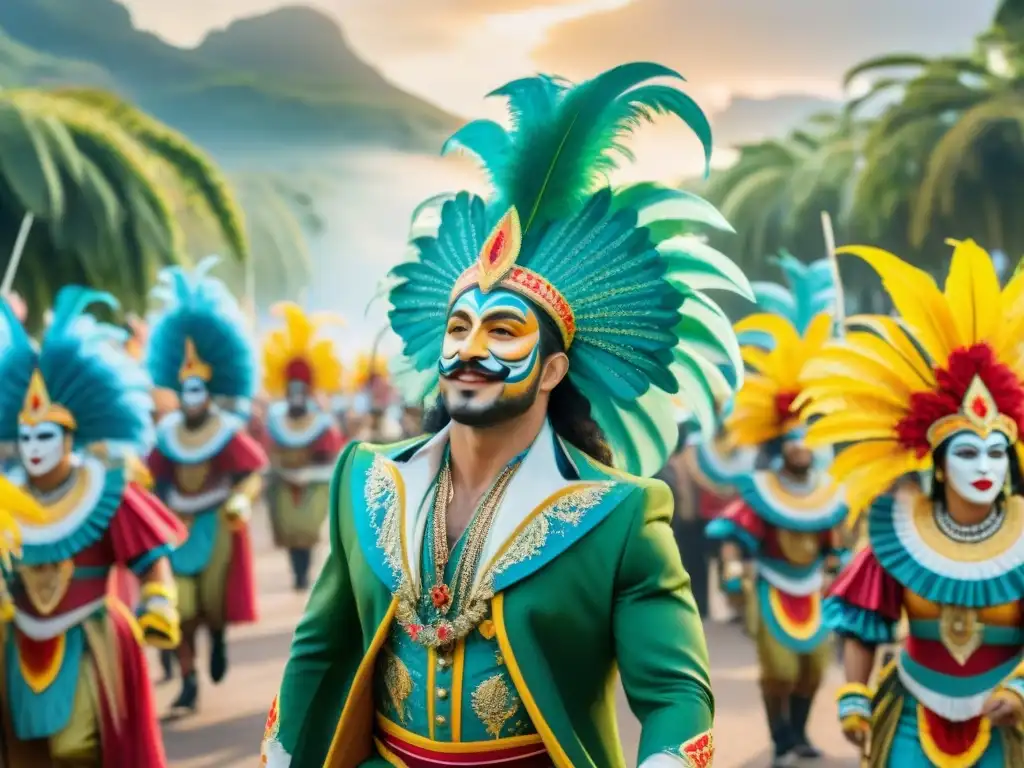 Deslumbrante carnaval uruguayo en acuarela ultra detallada Un vibrante desfile de carnaval en Uruguay con trajes detallados inspirados en la naturaleza