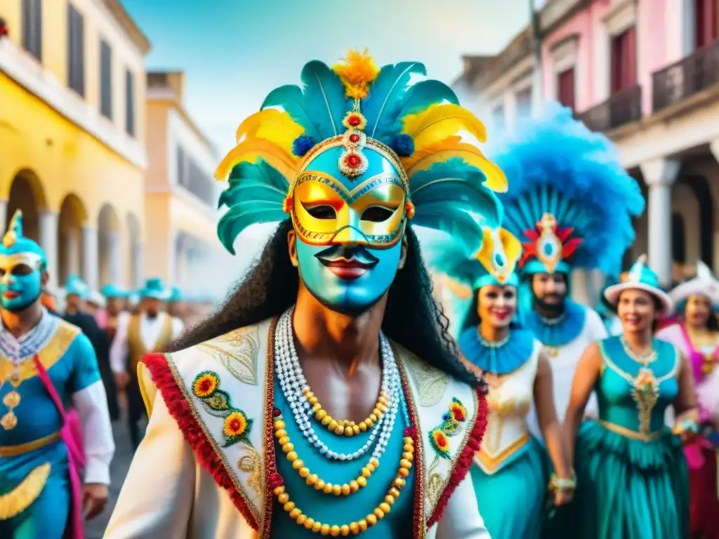 Deslumbrante Carnaval en Uruguay: Celebración colorida y alegre Vibrante desfile de Carnaval en Uruguay con trajes coloridos, máscaras elaboradas y arquitectura colonial
