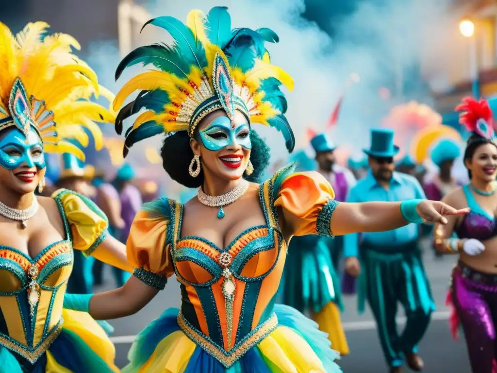 Deslumbrante desfile de carnaval en Uruguay Un vibrante desfile de carnaval en Uruguay con trajes coloridos, plumas y lentejuelas