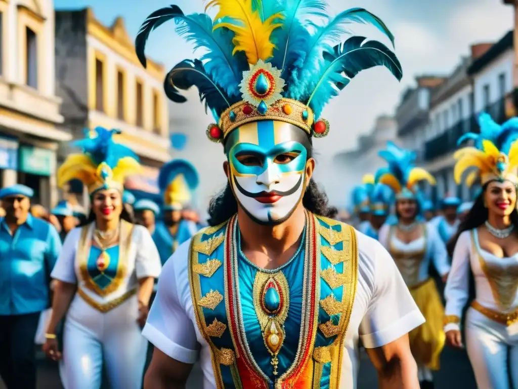 Colorida pintura acuarela del vibrante carnaval en Uruguay Un vibrante desfile de carnaval en Uruguay, con trajes elaborados, carrozas coloridas y bailarines alegres al ritmo de la música