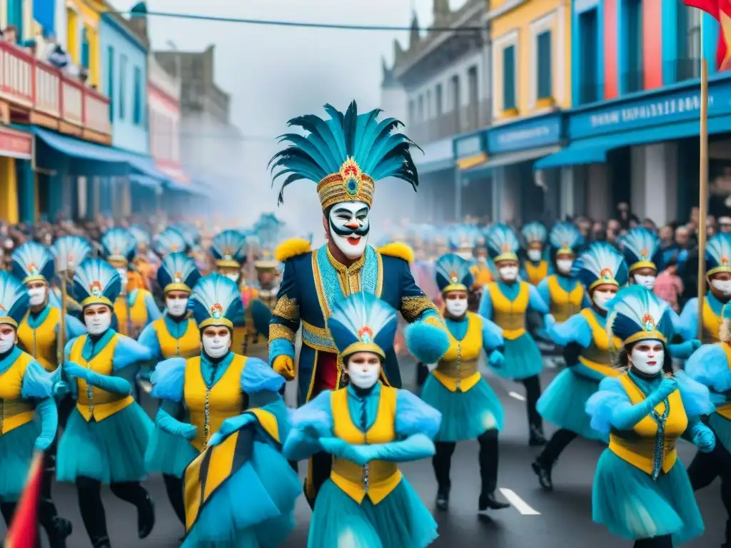 Deslumbrante carnaval uruguayo: pintura acuarela vibrante Vibrante desfile de Carnaval en Uruguay con trajes coloridos, música tradicional y espectadores emocionados