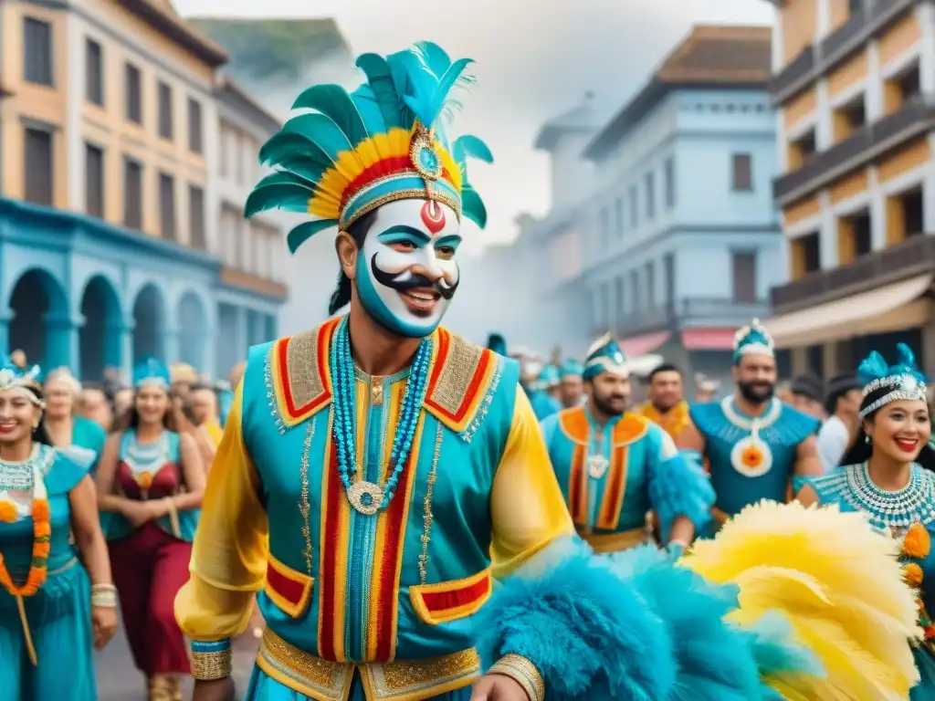 Un vibrante desfile de carnaval en Uruguay con turistas participando respetuosamente
