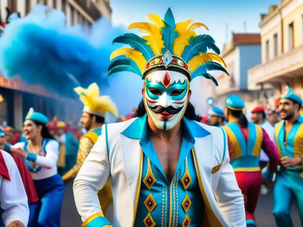 Pintura acuarela detallada del vibrante carnaval uruguayo Vibrante desfile del Carnaval Uruguayo con chefs destacados en coloridos trajes, bailando al ritmo de la música tradicional
