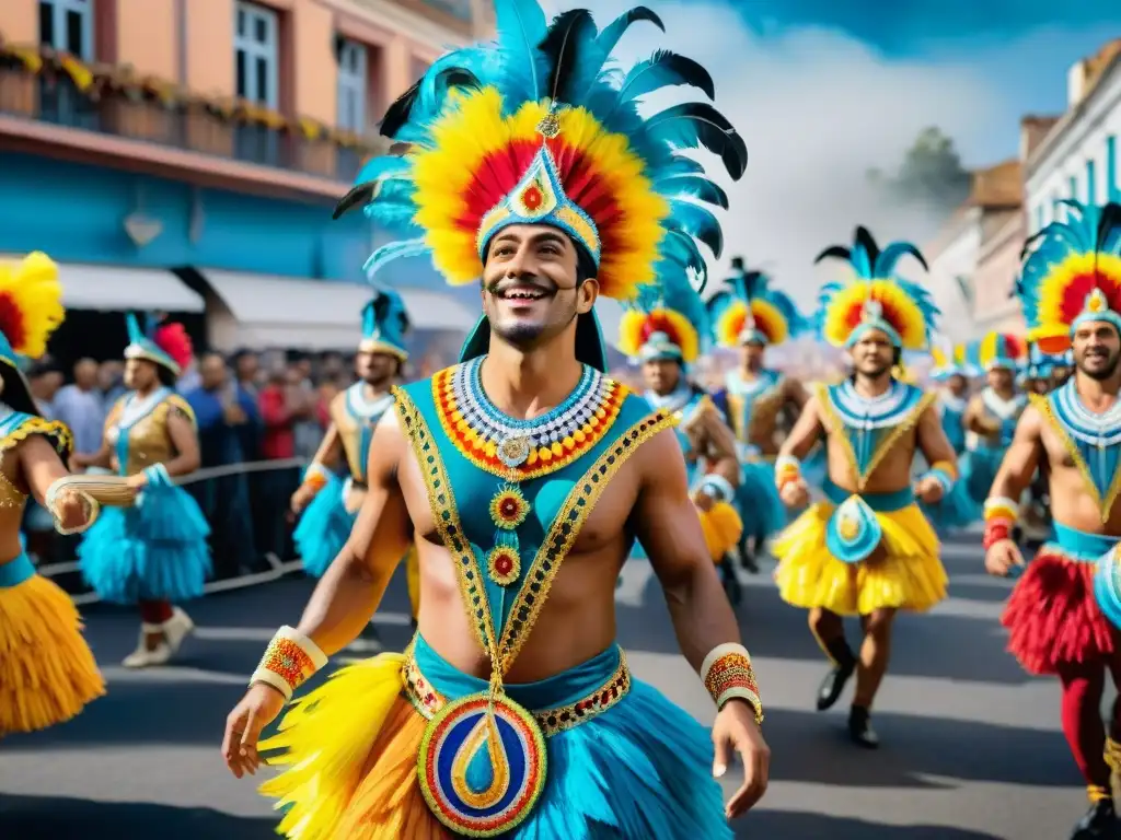 Deslumbrante desfile de Carnaval en Uruguay Vibrante desfile del Carnaval Uruguayo 2022 con disfraces elaborados y carrozas coloridas, reflejando alegría y comunidad