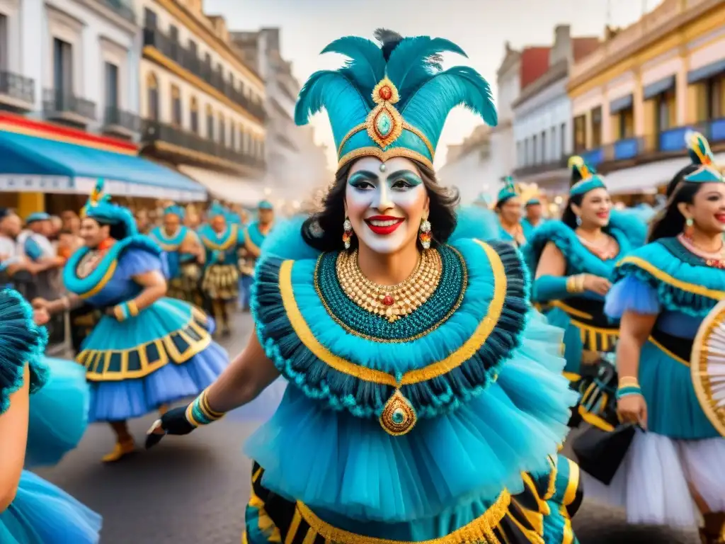 Deslumbrante desfile de Carnaval Uruguayo Vibrante desfile del Carnaval Uruguayo mapa turístico, con coloridas carrozas, artistas en trajes elaborados y espectadores emocionados