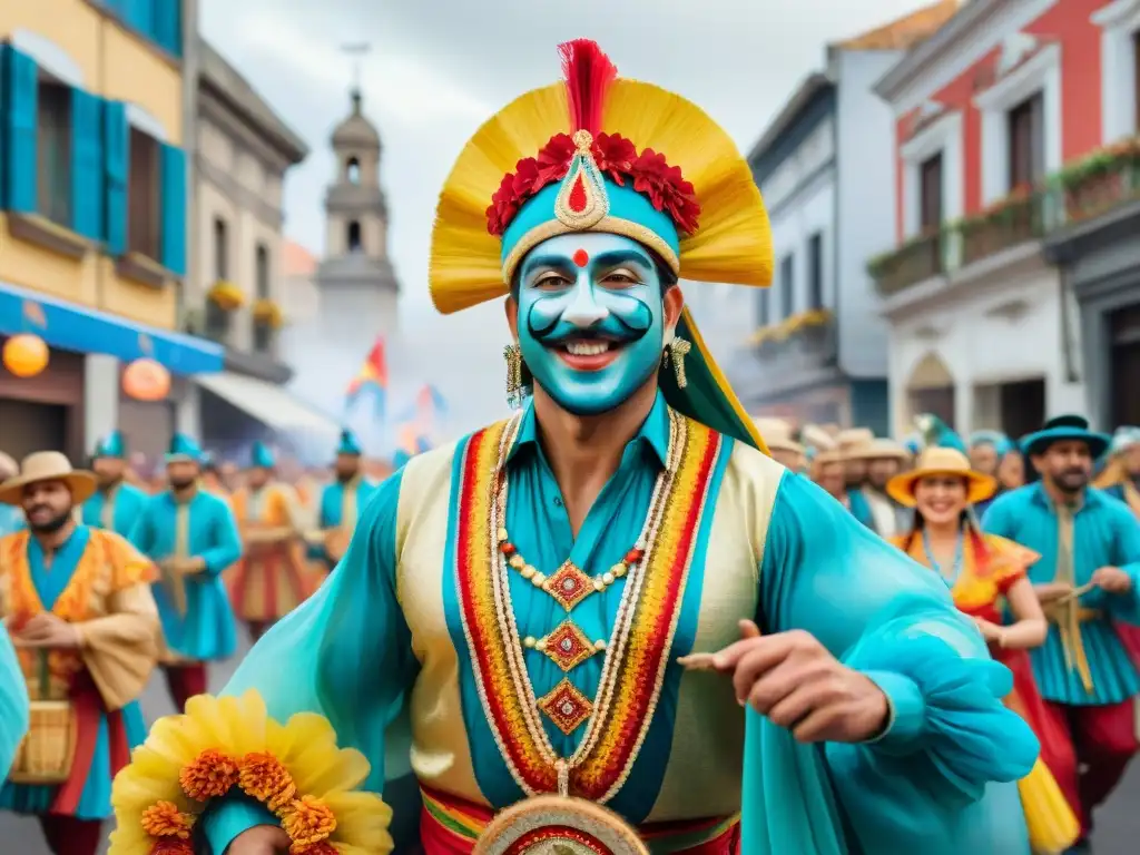 Deslumbrante desfile del Carnaval Uruguayo en acuarela detallada 8k Vibrante desfile del Carnaval Uruguayo en el Mercado Internacional