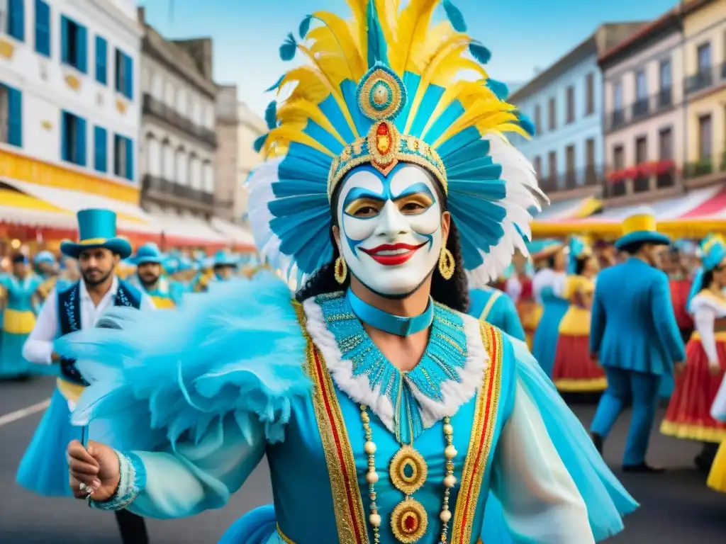 Deslumbrante Carnaval Uruguayo: Celebración llena de color y alegría Un vibrante desfile del Carnaval Uruguayo con trajes coloridos, música alegre y paisajes sostenibles