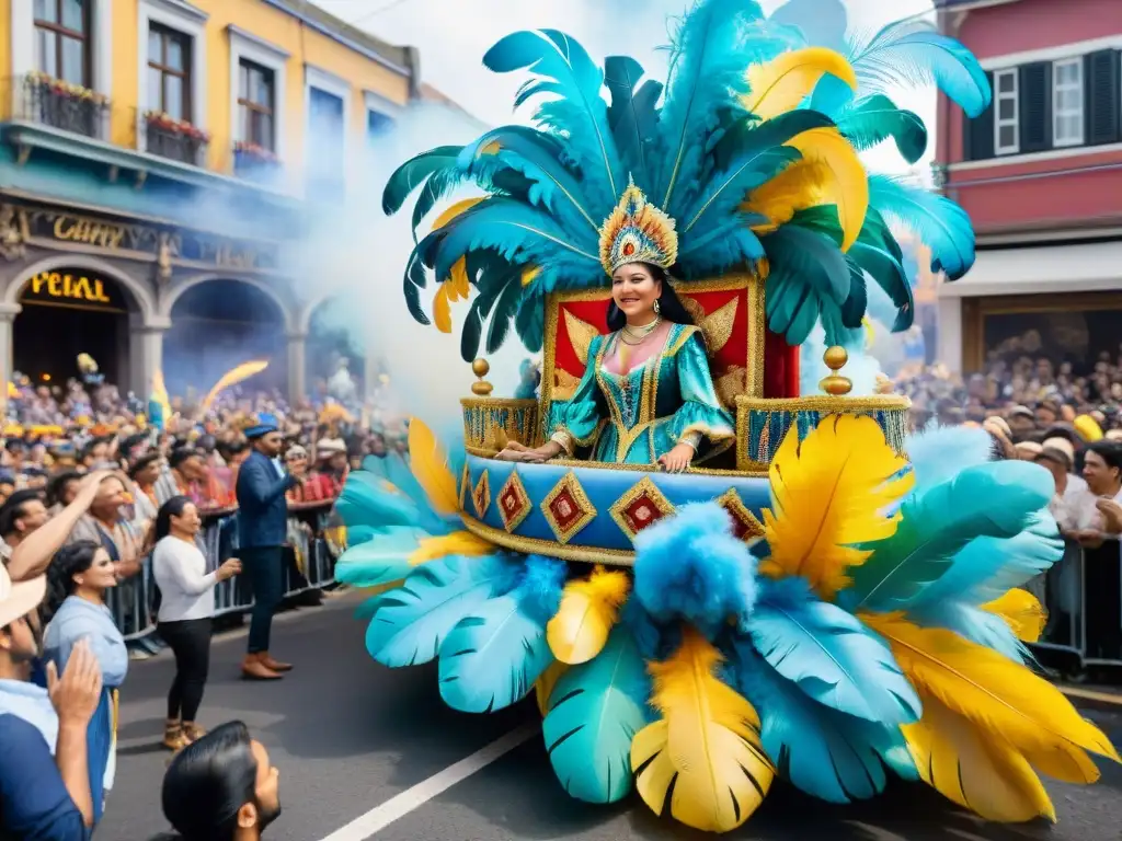 Deslumbrante carroza del Carnaval Uruguayo Un vibrante desfile de Carnaval Uruguayo con carroza colorida, plumas y espectadores alegres