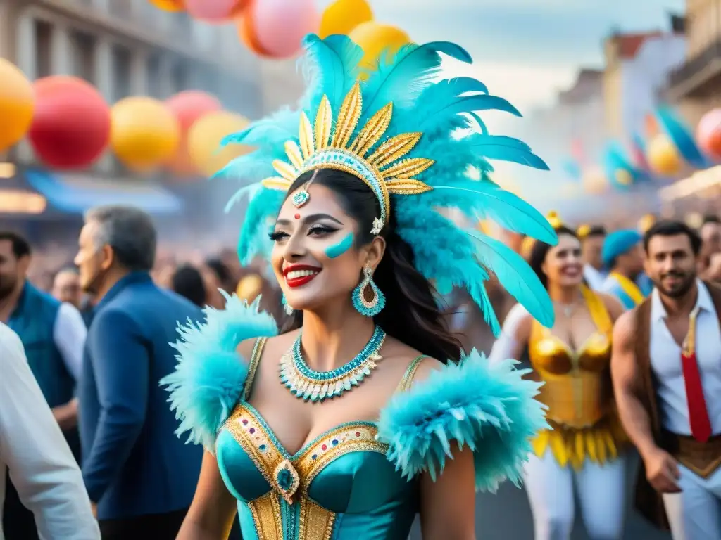 Deslumbrante pintura acuarela del Carnaval Uruguayo Un vibrante desfile del Carnaval Uruguayo festivales internacionales con detalles exquisitos y energía festiva