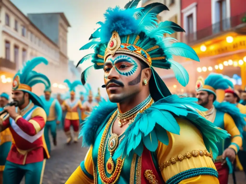Pintura acuarela del Carnaval Uruguayo: Desfile colorido y vibrante Un vibrante desfile de Carnaval Uruguayo con bailarines y carros alegóricos, capturando la energía del fenómeno global