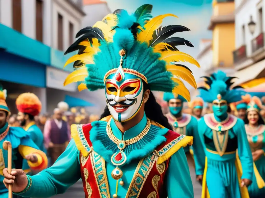 Carnaval Uruguayo: Colorida y vibrante celebración Un vibrante desfile de Carnaval Uruguayo con coloridos trajes y máscaras tradicionales