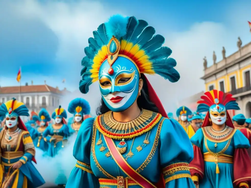 Vibrante Carnaval Uruguayo: Baile y Color Vibrante desfile de Carnaval Uruguayo con bailarines y máscaras tradicionales, en un escenario colonial bajo cielo azul