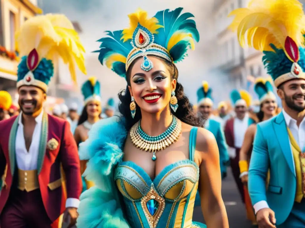 Deslumbrante desfile inclusivo en el Carnaval Uruguayo Vibrante desfile del Carnaval uruguayo con trajes evolucionados que reflejan diversidad de género e identidad