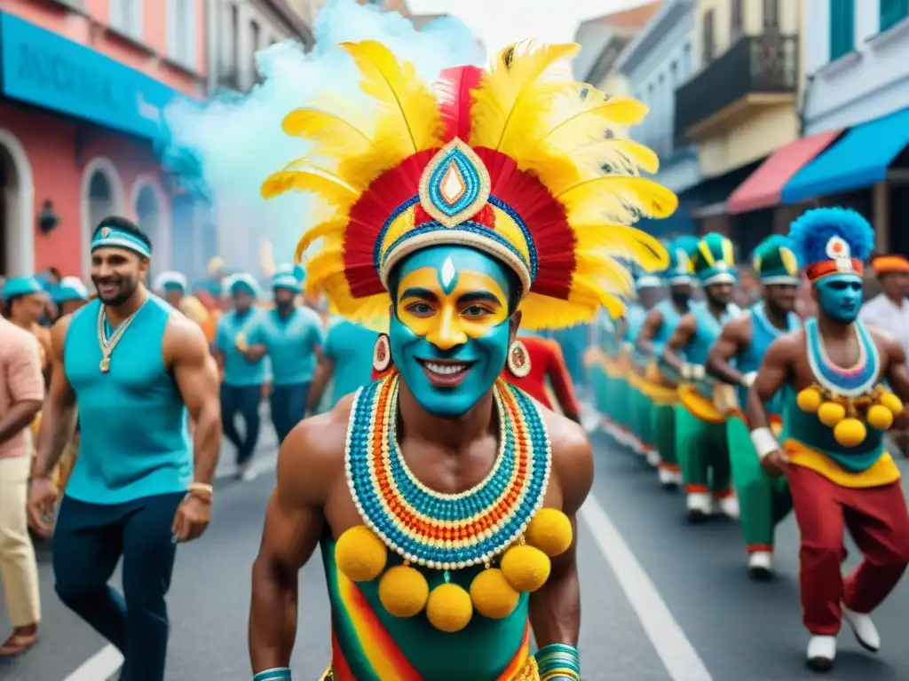 Carnaval en Uruguay: Desfile de Llamadas y Desfiles Un vibrante desfile de Carnaval Uruguayo festividades principales con trajes coloridos, música alegre y participantes bailando con alegría