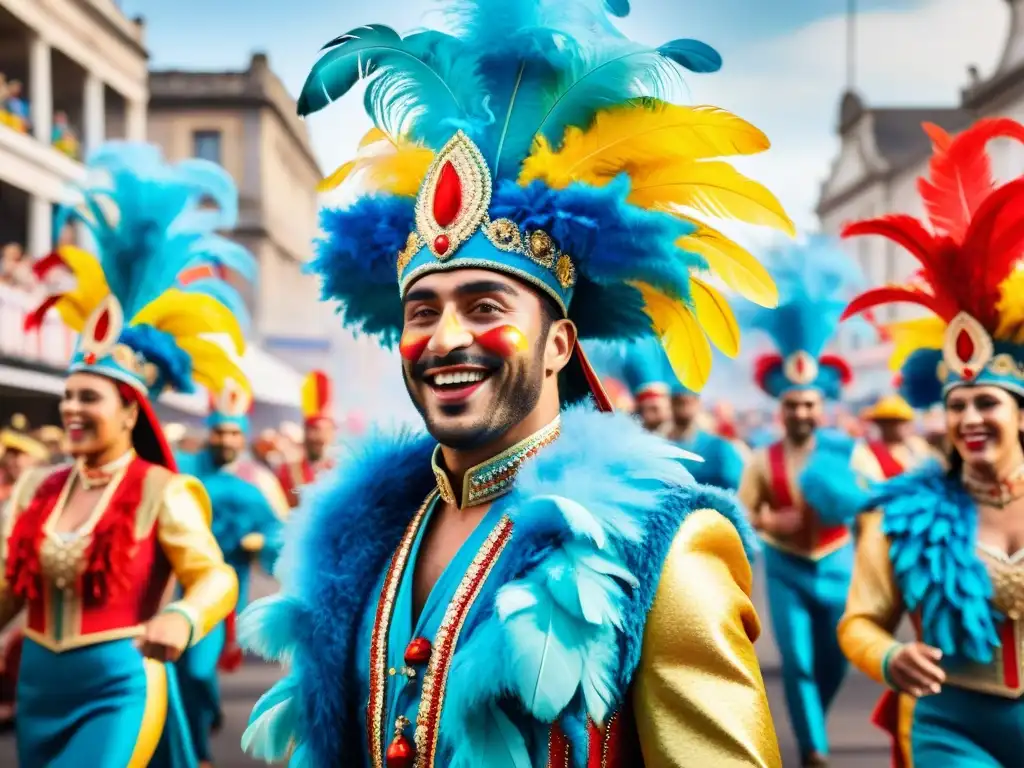 Desfile colorido del Carnaval uruguayo: alegría y celebración Un vibrante desfile del Carnaval Uruguayo con mensajes ocultos y parodias, lleno de alegría y color