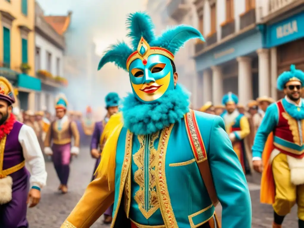 Desfile de Carnaval en Uruguay: Explosión de Color y Alegría Un vibrante desfile de Carnaval Uruguayo con trajes coloridos, máscaras intrincadas y música alegre