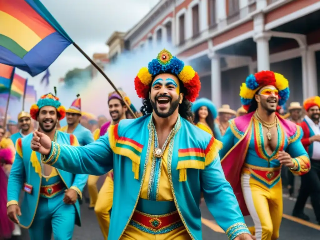 Carnaval LGBT+ en Uruguay: Diversidad y alegría en comparsas coloridas Un vibrante desfile de comparsas LGBT+ en el Carnaval Uruguayo, con colores y alegría desbordante