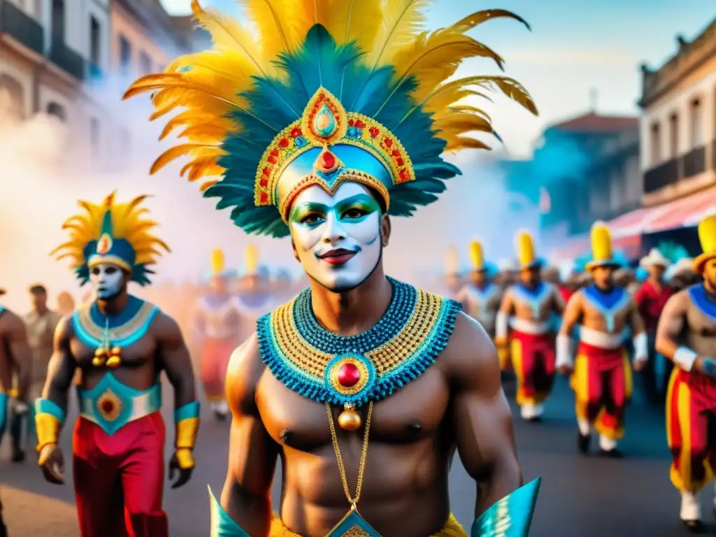 Desfile vibrante del Carnaval Uruguayo: diversidad y alegría Un vibrante desfile en el Carnaval Uruguayo muestra diversidad inclusiva con comparsas coloridas, música y baile