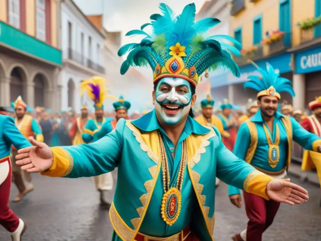 Deslumbrante desfile de Carnaval en Uruguay Un vibrante desfile del Carnaval Uruguayo con coloridos trajes y energía festiva