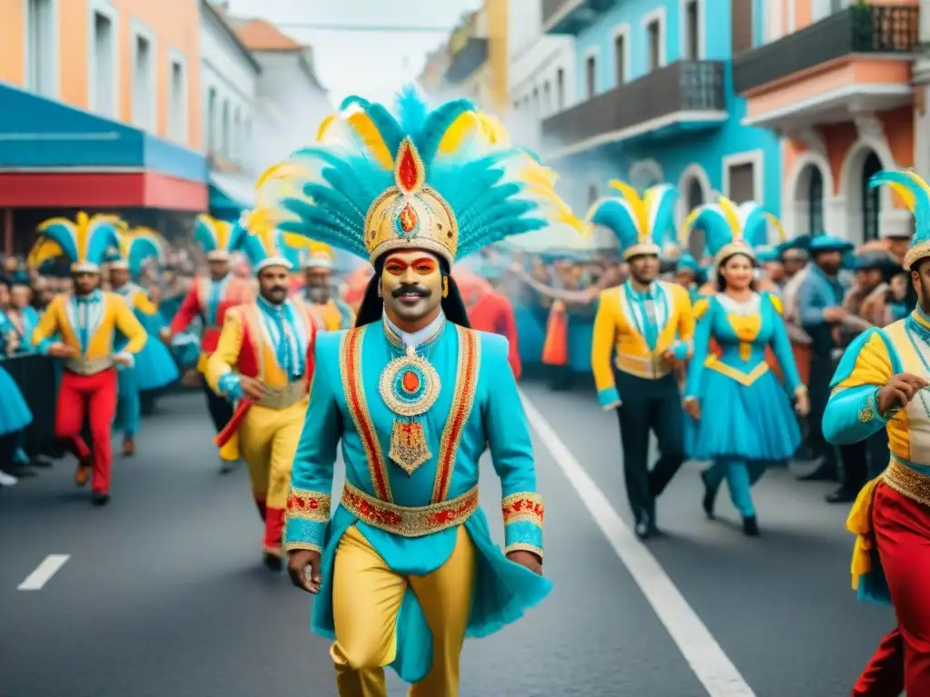 Carnaval Uruguayo: Colorida celebración en acuarela Vibrante desfile de Carnaval Uruguayo con bailarines, música y espectadores entusiastas