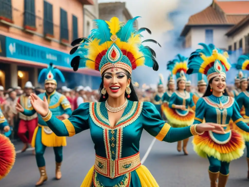 Deslumbrante Carnaval Uruguayo: Celebración vibrante y colorida Vibrante desfile del Carnaval Uruguayo con trajes detallados ricos en significado cultural