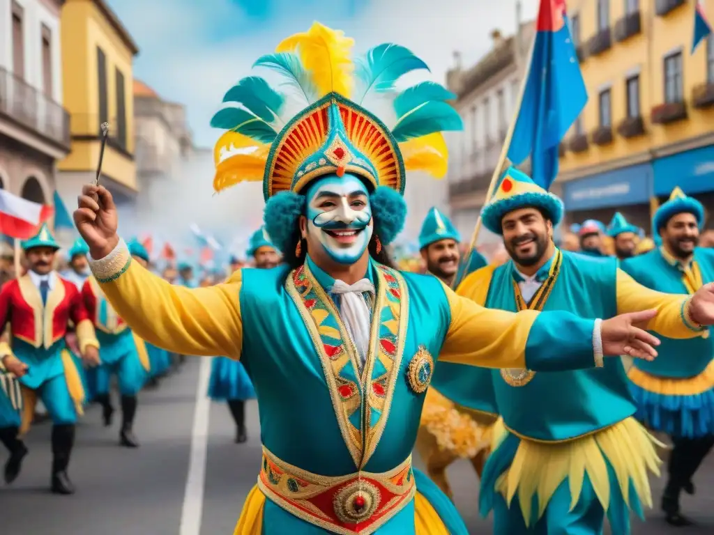 Carnaval Uruguayo: Baile, Color y Alegría Un vibrante desfile de Carnaval Uruguayo con danzas y coloridos trajes