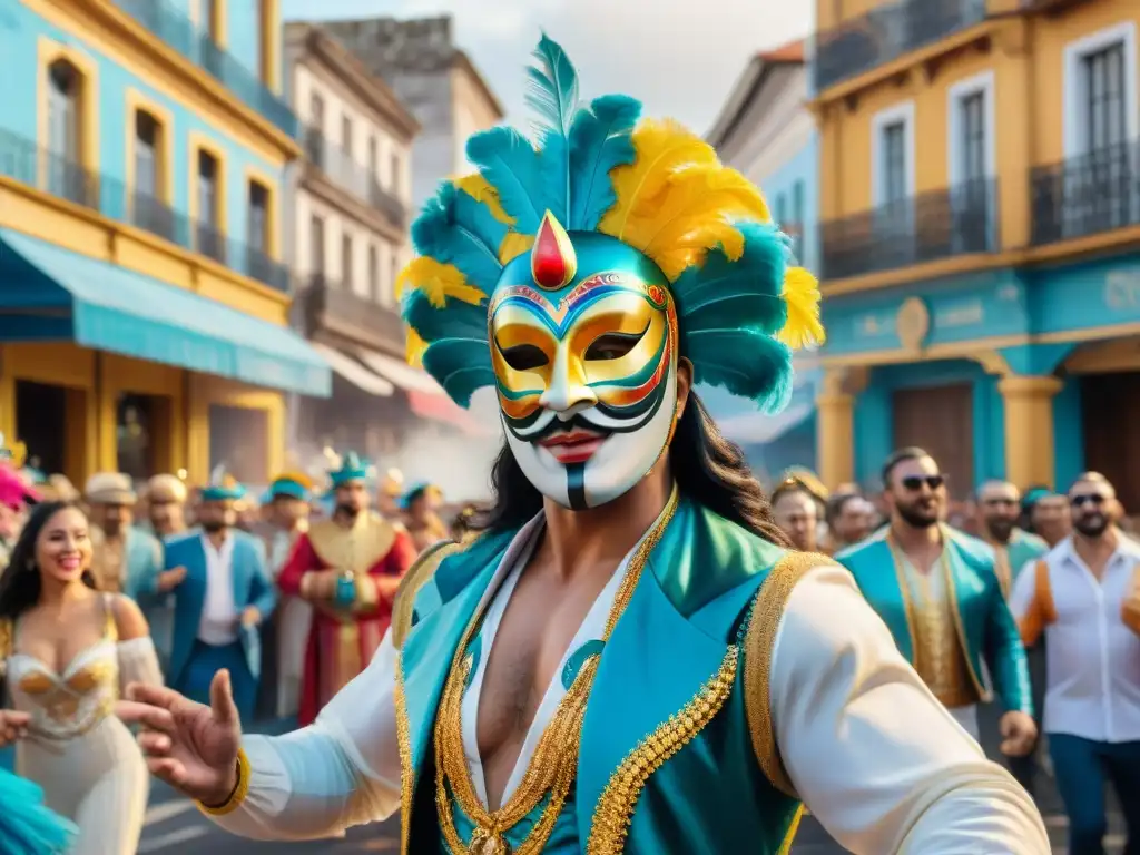 Vibrante Carnaval Uruguayo: Desfile de Máscaras y Alegría Vibrante desfile en el Carnaval Uruguayo, con coloridos trajes, música y alegría