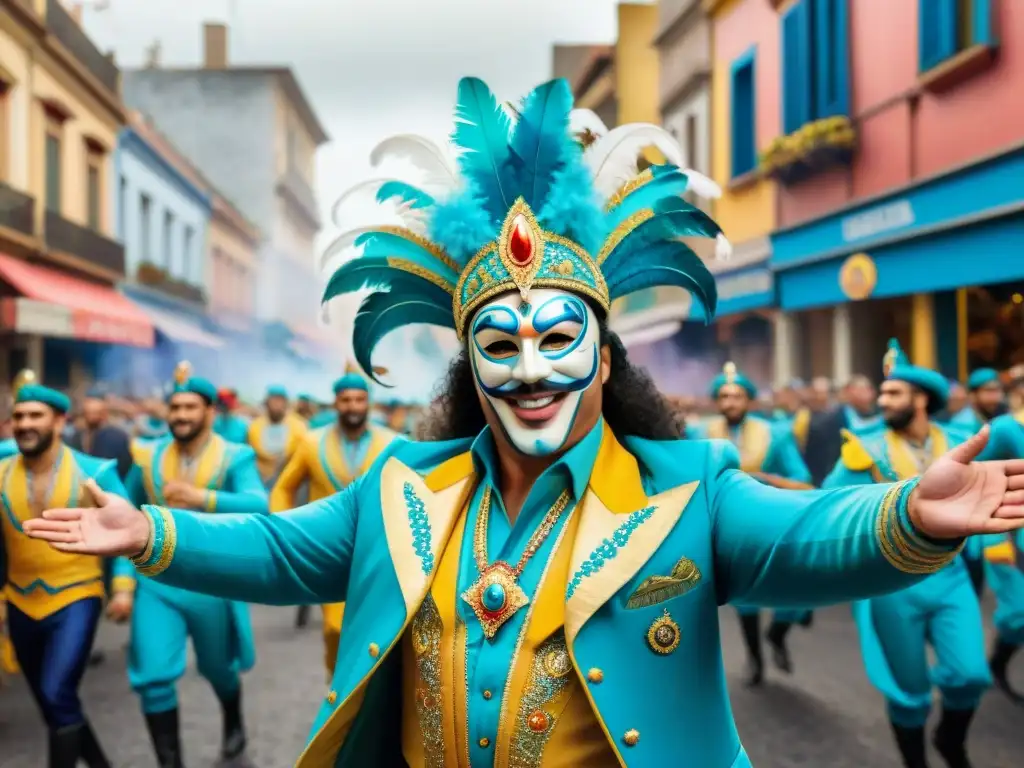 Carnaval Uruguayo: Calle vibrante y colorida Vibrante desfile del Carnaval Uruguayo con floats coloridos y bailarines en trajes elaborados, coberturas seguro viaje Carnaval Uruguayo