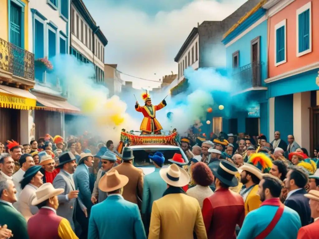 Carnaval en Uruguay: pintura acuarela de una calle vibrante Un vibrante desfile durante el Carnaval Uruguayo muestra la cultura comunitaria con alegría y color