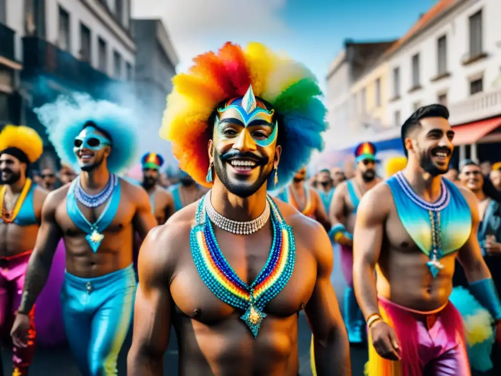 Deslumbrante desfile LGBT+ en Uruguay Comparsas LGBT+ en vibrante desfile de Carnaval Uruguayo, celebrando diversidad y unidad con coloridos trajes y banderas arcoíris