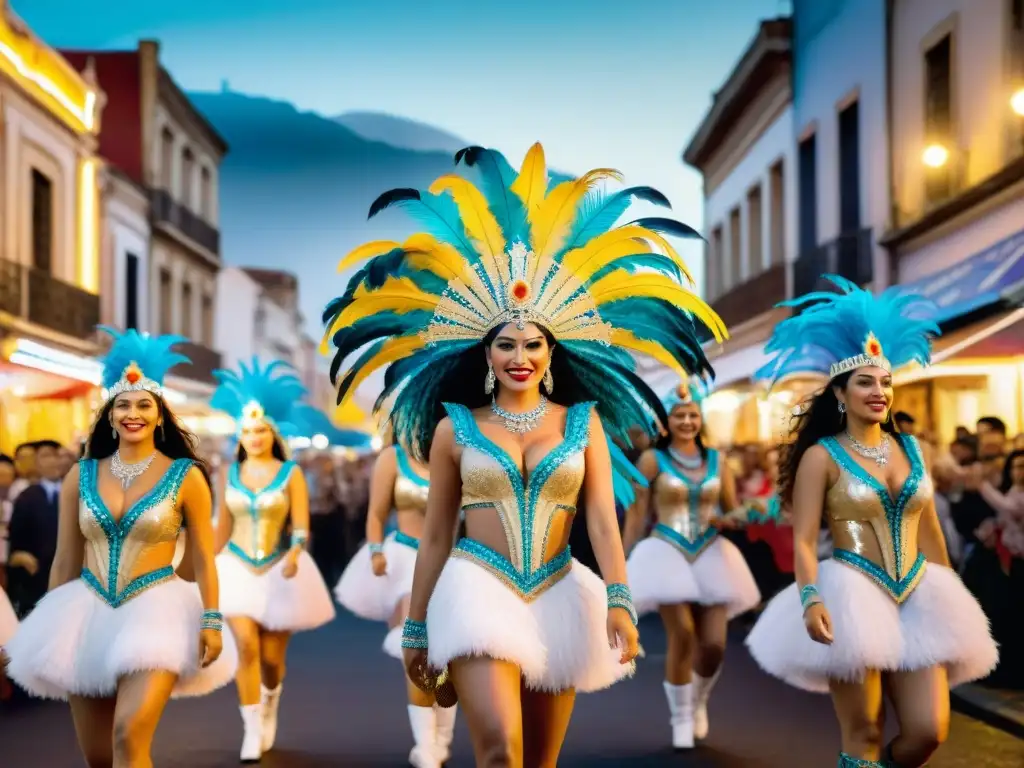 Carnaval uruguayo: comparsas tradicionales y tecnología moderna Un vibrante desfile de carnaval uruguayo con impacto tecnológico en comparsas, fusionando tradición y modernidad