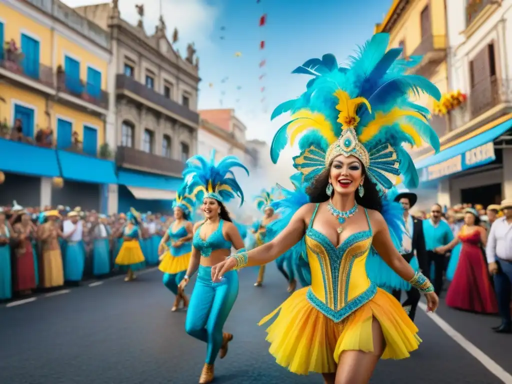 Vibrante Carnaval Uruguayo: Diversión y Color en las Calles Un vibrante desfile de Carnaval Uruguayo con bailarines, música y coloridos adornos