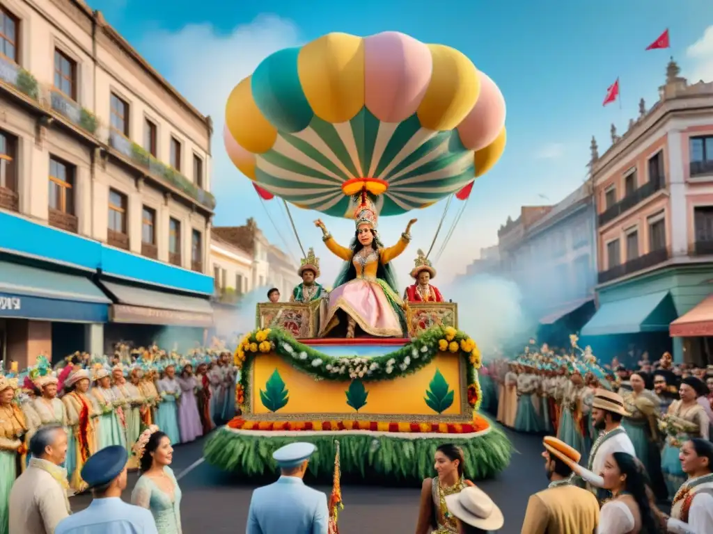 Desfile ecológico en el Carnaval Uruguayo: float vibrante y sostenible Un vibrante desfile del Carnaval Uruguayo sostenible con carrozas y artistas tradicionales