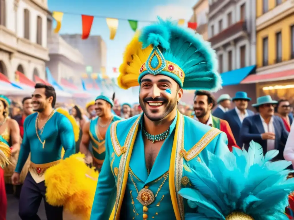 Deslumbrante Carnaval Uruguayo: Alegría y Color en Montevideo Un vibrante desfile de Carnaval en Uruguay con viajeros sonrientes y coloridos disfraces