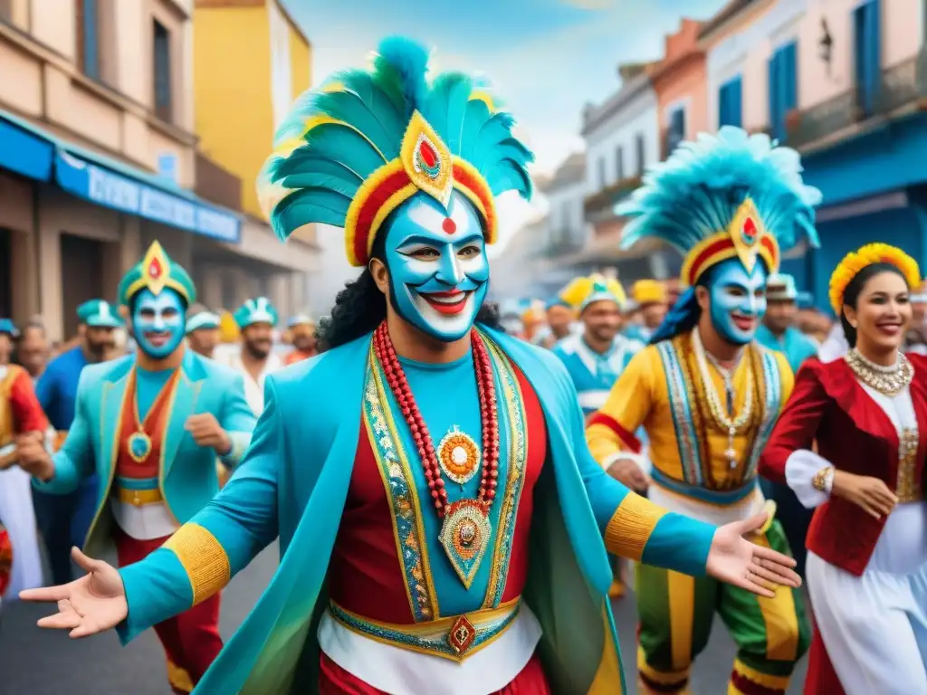 Deslumbrante Carnaval en Uruguay: colores, baile y alegría Un vibrante desfile del legendario Carnaval Uruguayo, con coloridos trajes y energéticos bailarines