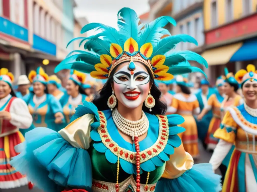 Deslumbrante desfile de mujeres en el Carnaval Uruguayo Un vibrante desfile de Mujeres en el Carnaval Uruguayo, luciendo trajes coloridos y danzando con alegría entre espectadores aplaudiendo