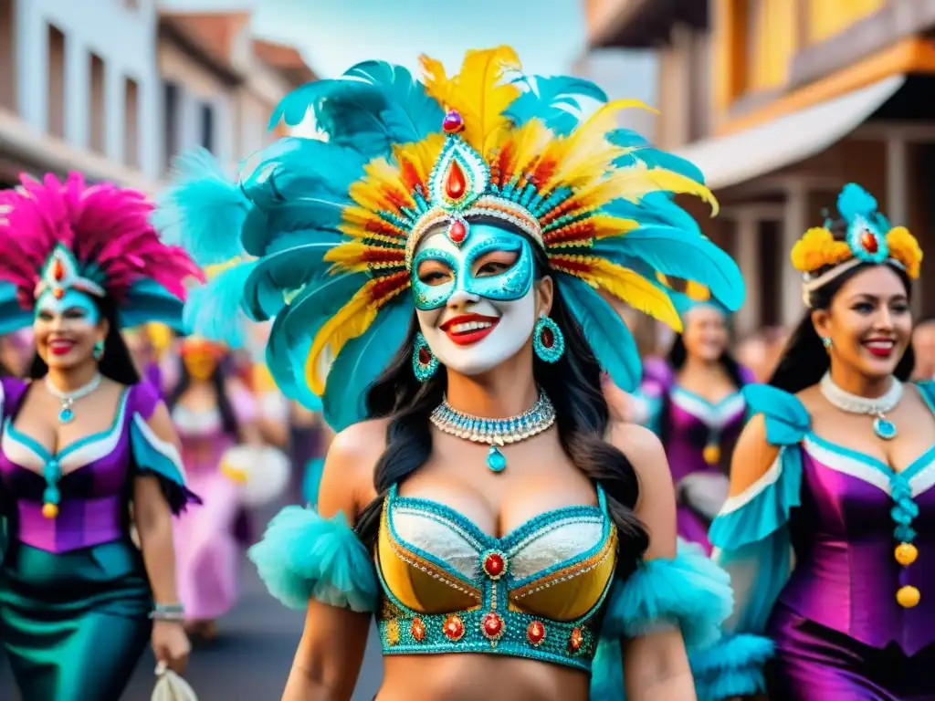 Desfile de Mujeres en Carnaval: Colorida Celebración Uruguaya Un vibrante desfile de mujeres líderes en Carnaval Uruguayo, danzando alegremente con trajes coloridos y mascaras elaboradas