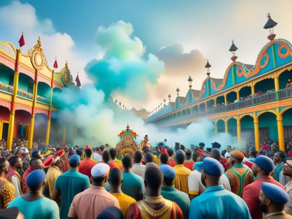 Vibrante murga en el carnaval: ilustración acuarela Un vibrante desfile de murgas durante un carnaval, con colores y detalles detallados