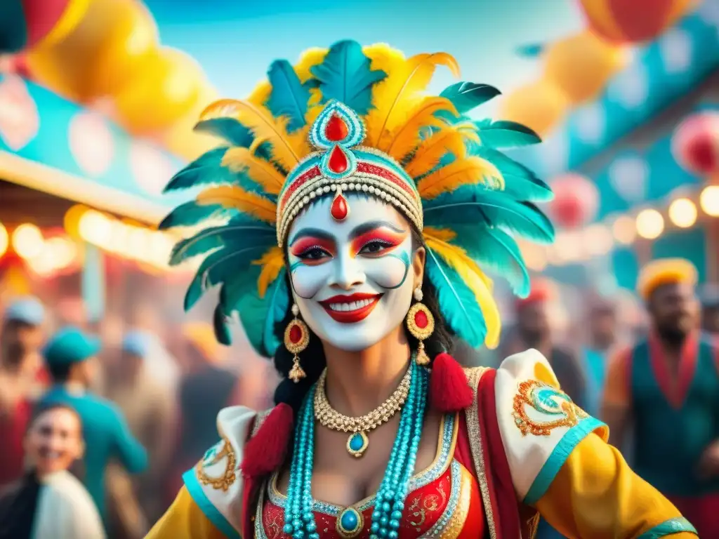 Murga festiva: ilustración acuarela de carnaval vibrante Un vibrante desfile de murgas en Carnaval, lleno de color y alegría, con bailarines y confeti