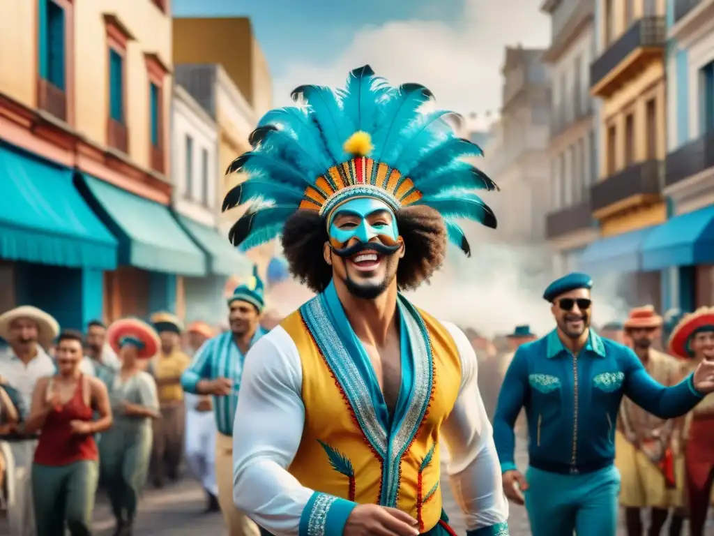 Escena colorida de murga en Montevideo Un vibrante desfile de murgas uruguayas con la influencia de Alfredo Zitarrosa, capturado en una detallada acuarela