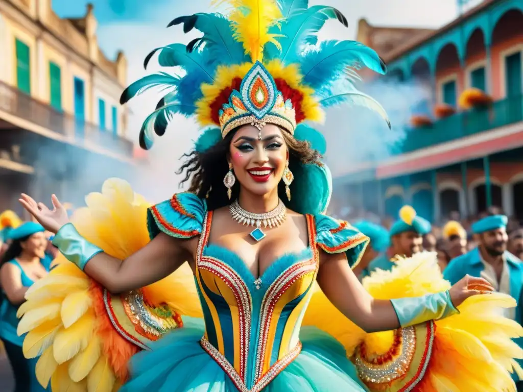 Deslumbrante carnaval uruguayo: parodistas en acción Un vibrante desfile de parodistas uruguayos en trajes de carnaval, con plumas y patrones coloridos