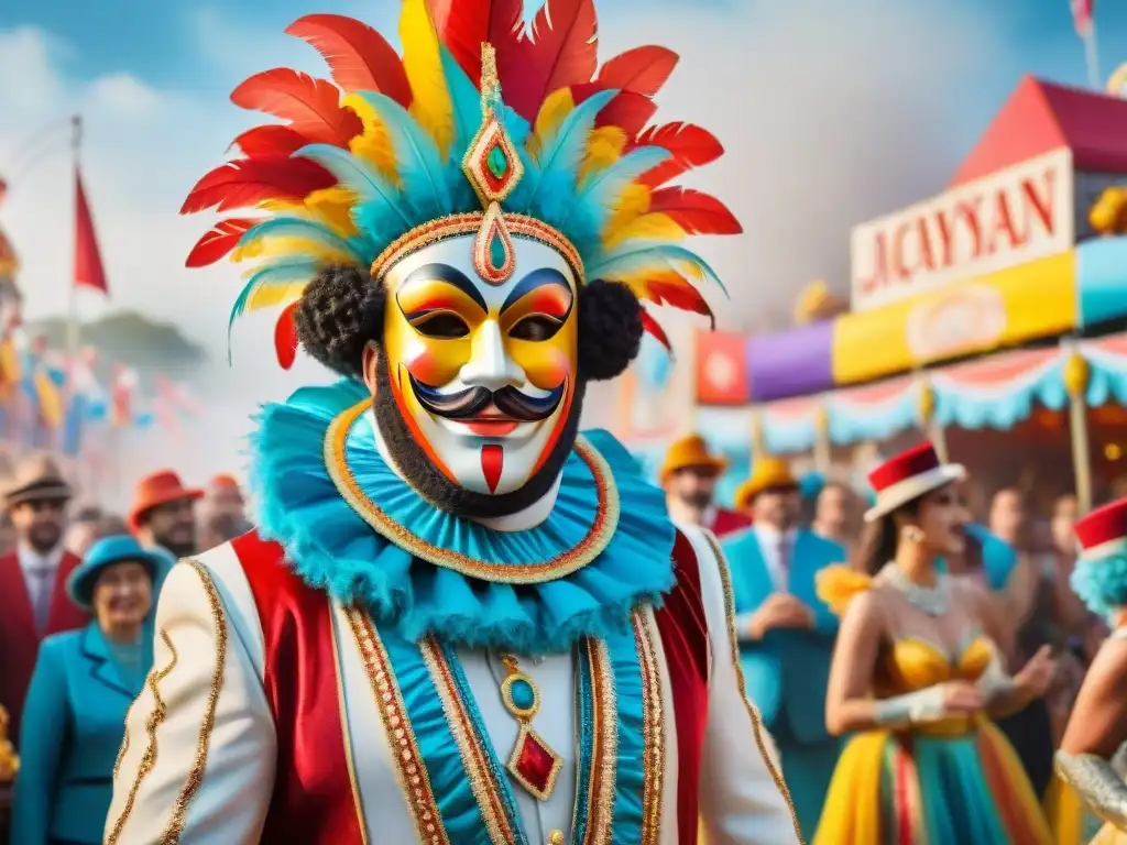 Carnaval de Uruguay: Máscaras y Colores en Movimiento Un vibrante desfile de personajes del Carnaval Uruguayo en un detallado cuadro acuarela